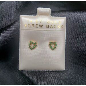 14K Rare Find  Vintage Gold Heart-Shaped Earrings With Green Gemstones & Screw B